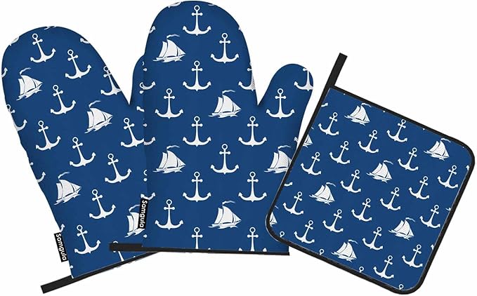 Ship Anchor Oven Mitts and Pot Holders Sets Sailing Vessel Sea Travel Heat Resistant 3pcs for Cooking Baking BBQ