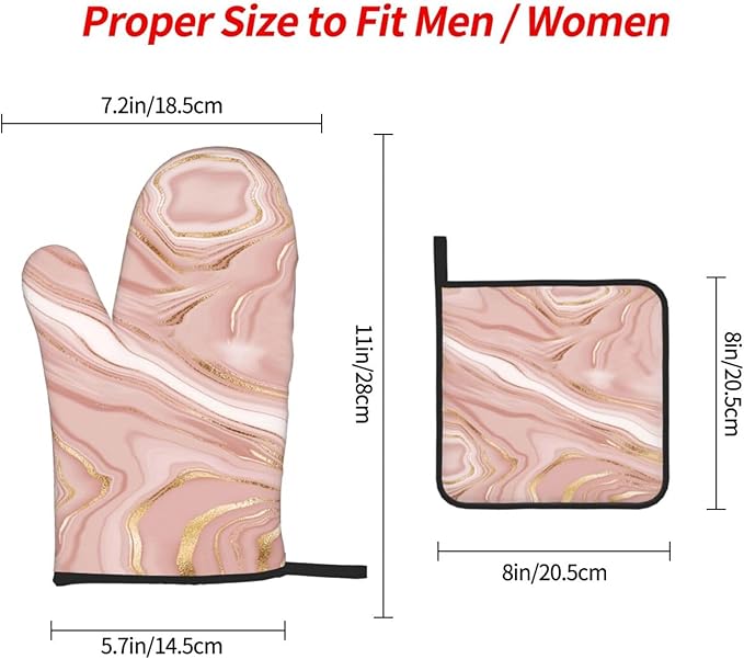 Pink Golden Marble Oven Mitts and Pot Holders Sets of 3 Heat Resistant Hot Pads Rose Pink Modern Oven Gloves for Kitchen Cooking BBQ Baking