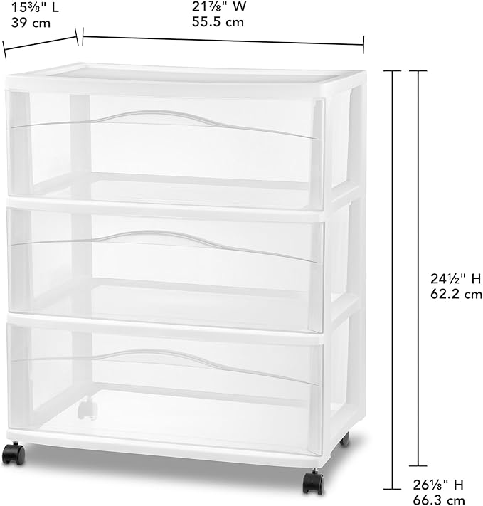 Sterilite Wide 3 Drawer Storage Cart, Plastic Organizer with Wheels, White - Multipurpose Bin for Clothes, Accessories, or Home Accessories