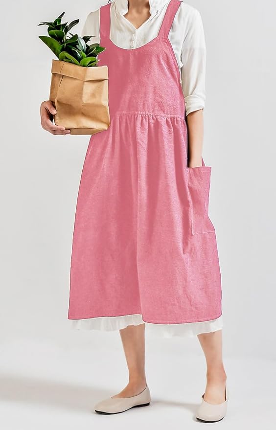 Uaussi Cotton Linen Apron Cross Back Work Apron for Women with Pockets Pinafore Dress X Cross Halter Apron for Chef Gardening