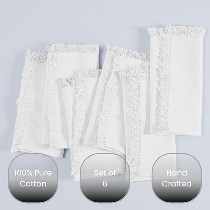 100% Cotton Cloth Dinner Napkins with Fringes Set of 6 - Large 20x20 Inches White - Soft Durable Reusable - Perfect for Dining Special Occasions Wedding Holidays Christmas