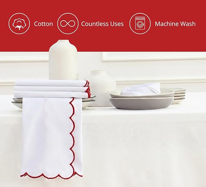 PurpleEssences Scalloped Embroidery Cloth Napkins - Spring Easter Summer - Table Decor - 100% Cotton - Set of 4-18x18 inch - White - Edges - Red