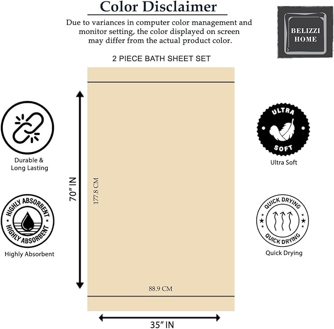 Belizzi Home Premium Cotton Oversized 2 Pack Bath Sheet 35x70-100% Pure Cotton - Ideal for Everyday use - Ultra Soft & Highly Absorbent - Machine Washable - White