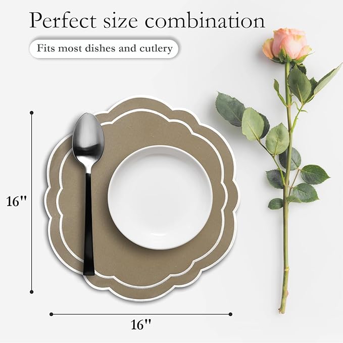 Round Placemats Set of 4, Cotton Linen- Double Layered, Luxury Scalloped Embroidered Cloth Table mats, 16 inch, Washable Fabric Dining Placemat (Beige)