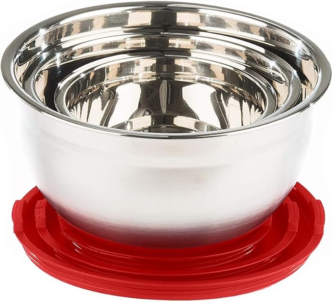 Stainless Steel Mixing Bowls with Lids and Non Slip Bases (Set of 3, Red)