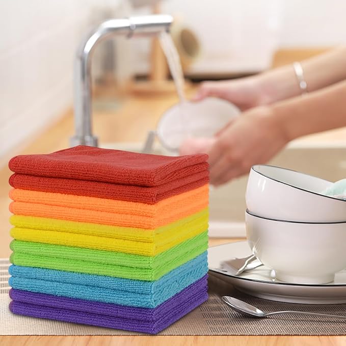 SINLAND Microfiber Rag Absorbent Cleaning Cloth Kitchen Dish Cloth Quick Dry Streak Free Dish Rags Glass Cloths 12inchx12inch 12 Pack