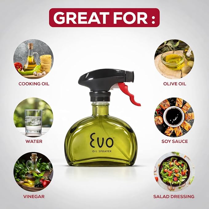 Evo Glass Oil Sprayer, Non-Aerosol For Olive Oil, Cooking Oils And Vinegars, Green, 6-Ounce Capacity, For Grilling, Roasting, Air Frying, Baking And Salad Prep