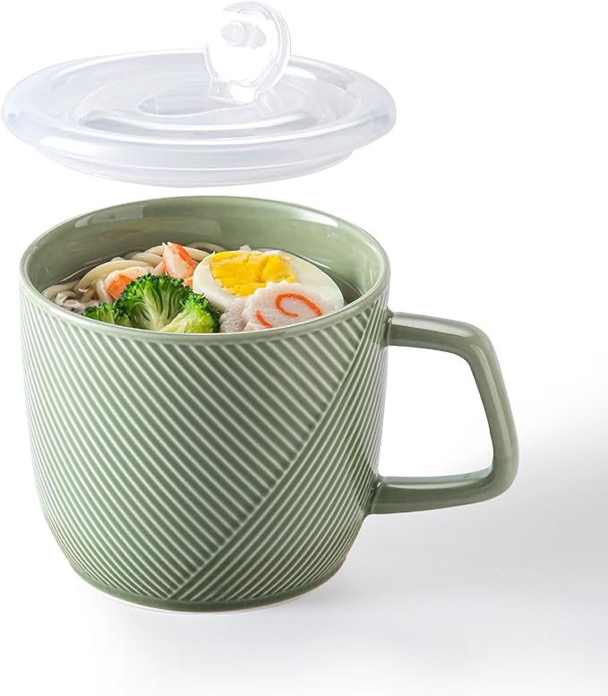 Ceramic Soup Bowl with Lid & Handle: 32 oz Microwave Safe Food Container for Ramen Noodles Cereal Leftovers - Extra Large Mugs for Breakfast Lunch Picnic Camping - Green, Set of 1