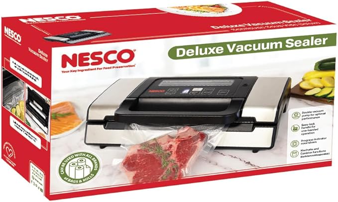Nesco Deluxe Food VS-12 Vacuum Sealer, 130 Watts, Kit Bags & Viewing Lid, Compact, Silver