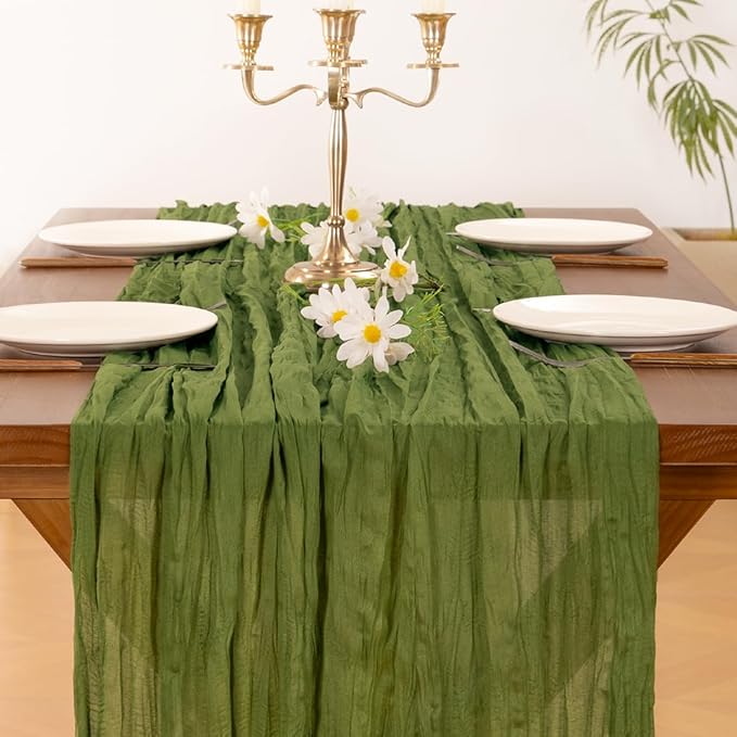 Socomi 10pcs Moss Green Valentine's Day Cheesecloth Table Runner Boho Rustic Gauze 120 inch 10FT Cheese Cloth Runner for Wedding Party Baby Shower Birthday Home Decor Holiday Decorations