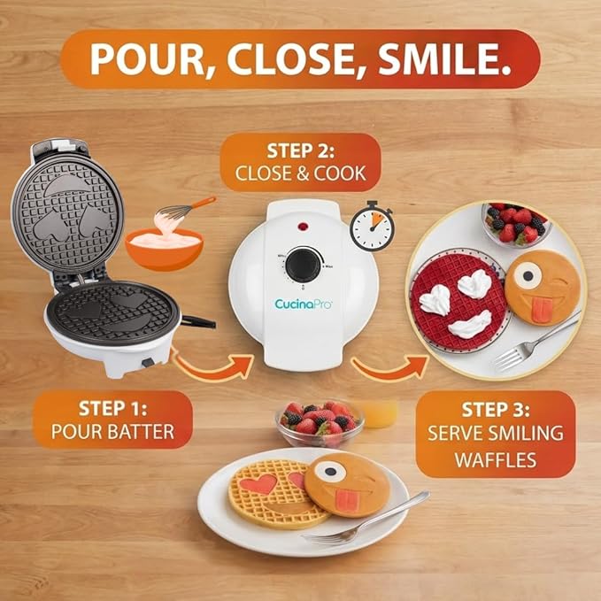 Emoji Smiley Face Waffle & Pancake Maker w 2 Removable Plate Sets- Fun Breakfast Maker for Kids & Families, Cute Nonstick Novelty Waffler for Easy Homemade Waffles- Gift for Birthday, Brunch, Everyday