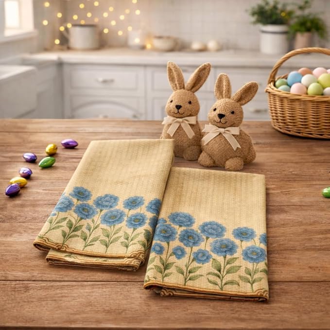 Easter Gift Kitchen Microfiber Waffle Tea Towels Set of 2 Absorbent & Fast Drying Dish Cloths for Cleaning,Vintage Floral Herbs Boho,Decorative Hand Towels for Bathroom, 20x28" (Vintage Blue Flower)
