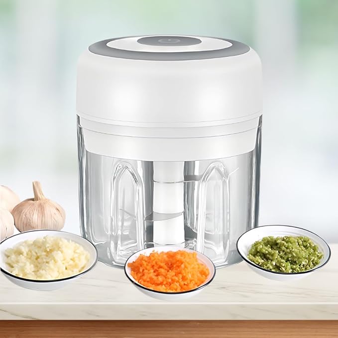 Mini Electric Food Processor & Garlic Chopper, 250ML USB Rechargeable, One-Touch Cordless Chopper with 3 Stainless Steel Blades for Garlic, Onion, Vegetables & Baby Food (White)