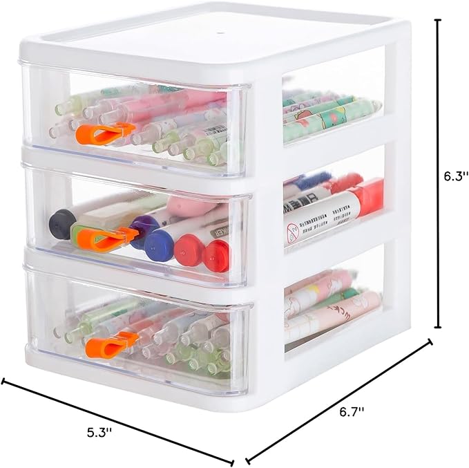 Gagee 3 Drawer Mini Desktop Unit,Plastic dressers with drawers for Arts and Crafts, Small Tools, Sewing Accessories, Stationary, and Hardware,Clear/White Frame
