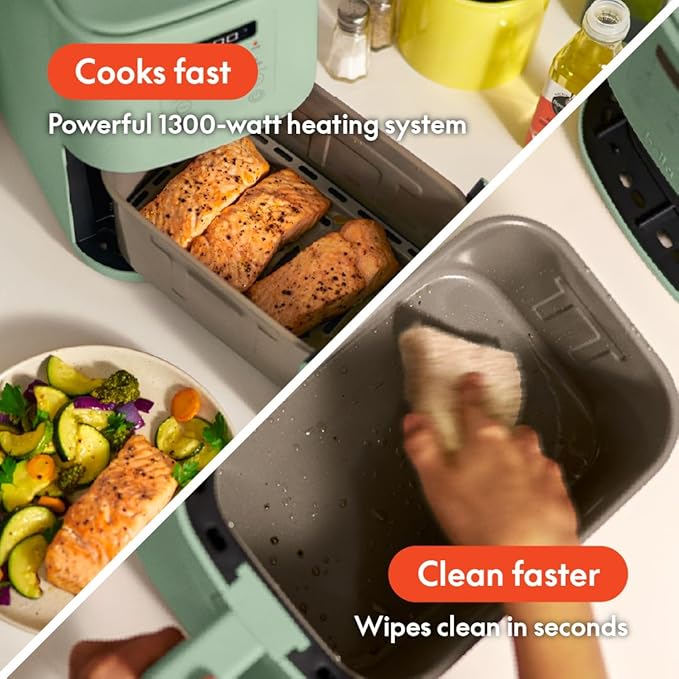 bella 4Qt Slim Air Fryer, Fits-anywhere™ Kitchenware, EverGood™ Ceramic Nonstick Coating, Adjustable Temperature, 6 Preset Cooking Options, 60 Min Auto Shutoff w Audible Tone, 3.3lb Capacity, Seaglass