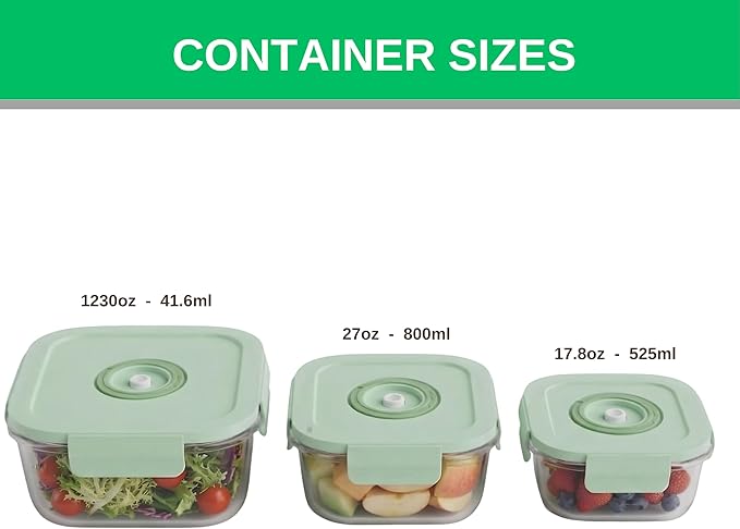 Glass Vacuum Sealable Container Set, 3 Containers, 10 Bag, Hand Pump