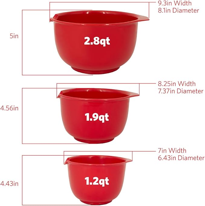 Glad Mixing Bowls with Pour Spout, Set of 3 | Nesting Design Saves Space | Non-Slip, BPA Free, Dishwasher Safe Plastic | Kitchen Cooking and Baking Supplies, Red