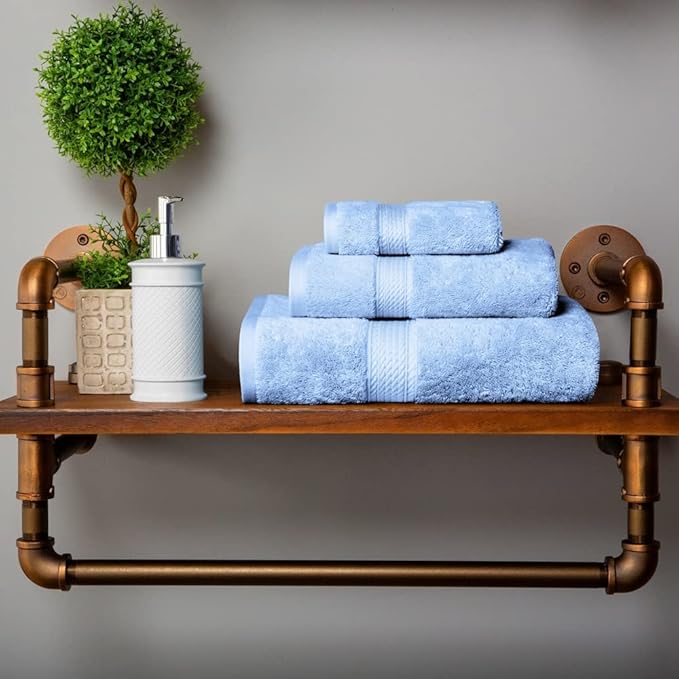 SUPERIOR Egyptian Cotton Pile 3 Piece Towel Set, Includes 1 Bath, 1 Hand, 1 Face Towel/Washcloth, Ultra Soft Luxury Towels, Thick Plush Essentials, Guest Bath, Spa, Hotel Bathroom, Light Blue