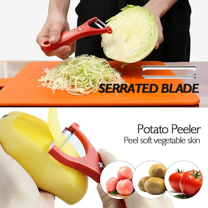 Swiss Peeler Vegetable & Potato Peelers for Kitchen, Original Swiss Made Ergonomic Kitchen Peelers for Effortless Prep - Pack of 3 (Green + Orange + Red)