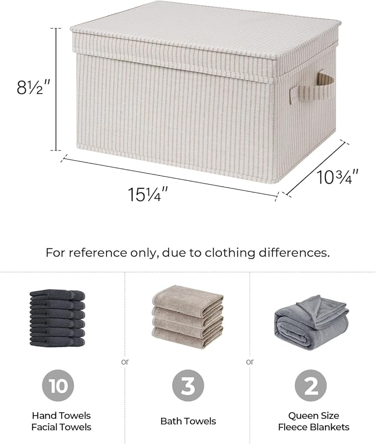 StorageWorks Storage Bins with Lids, Decorative Storage Boxes with Handles, Foldable Storage Baskets for Closet, Shelves, Stackable, Khaki Stripe, Large, 3-Pack
