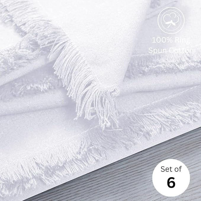 Cloth Dinner Napkins with Fringes 20x20 Inch 100% Cotton Set of 6 - for Dining Special Occasions Wedding Holidays Easter - Soft Durable Washable - Elegant Table Cloth Napkins White