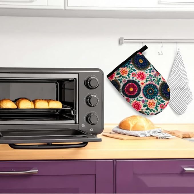 Boho Floral Oven Mitts, High Heat Resistant Kitchen Oven Gloves, Mini Silicone Oven Mitts, Non-Slip Grip Surfaces and Hanging Loop for Grilling, Baking, Cooking and Microwave, Gift