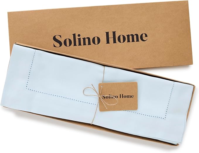 Solino Home Light Blue Placemats Set of 4 - Cotton Linen Hemstitch Placemats 14 x 19 Inch for Spring, Summer
