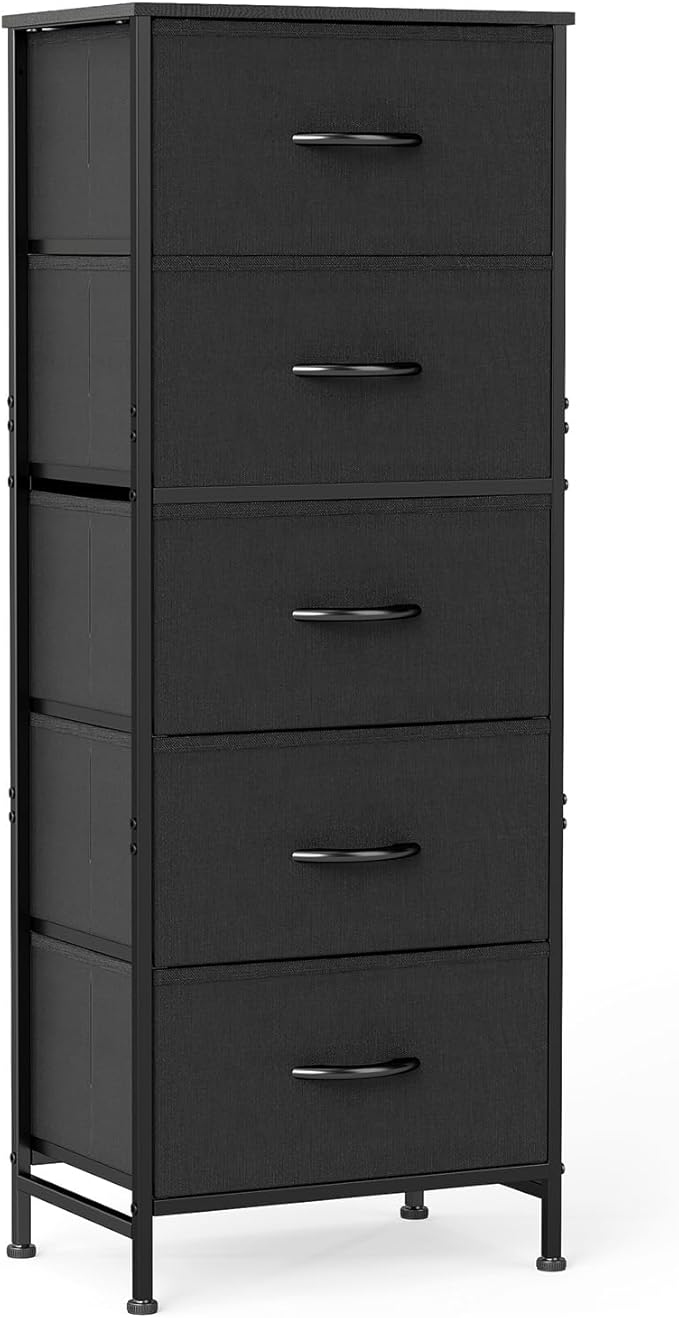 Sweetcrispy 5 Drawer Dresser with Fabric Bins, Sturdy Steel Frame and Wood Top, Storage Organizer Chest for Bedroom, Closet, Hallway, Black
