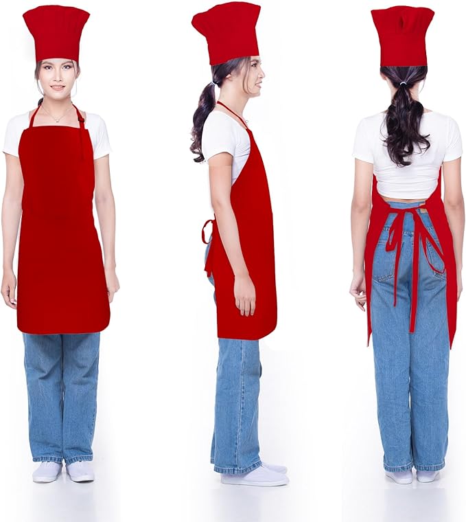 Chef Apron and Hat set, 2 Pockets Adjustable Cotton Kitchen Cooking Bib Apron, Baker Costume for Men Women