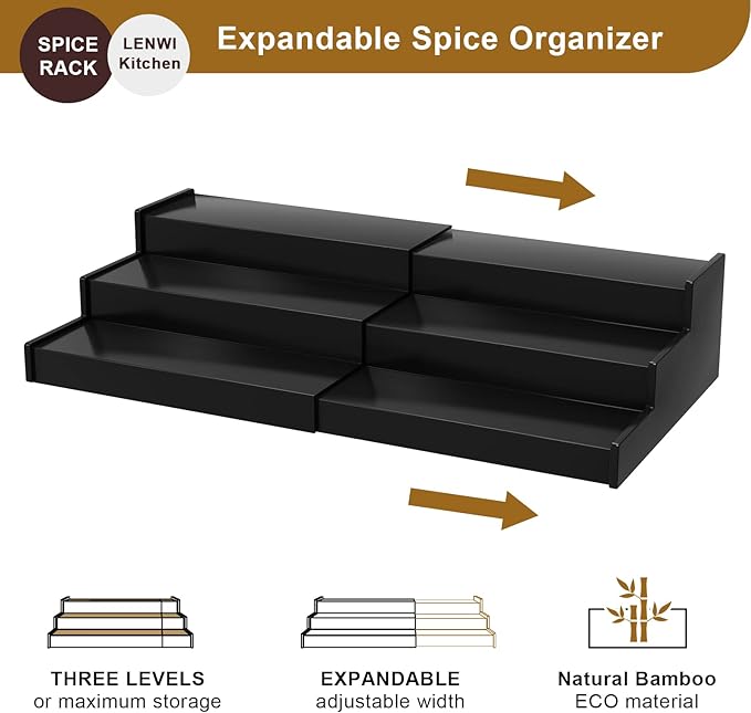Lenwi Spice Rack Organizer for Cabinet 2 Pack, 3 Tier Expandable Bamboo Spice Storage for Kitchen Cupboard Pantry, Black