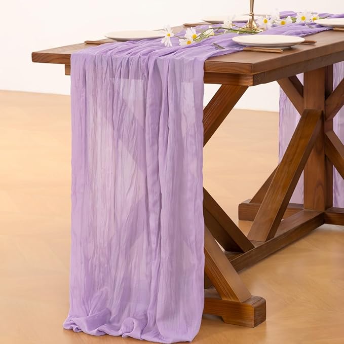 Socomi Lilac Purple Lavender Cheesecloth Table Runner Easter Spring Boho Rustic Gauze 120 inch 10FT Cheese Cloth Runner for Wedding Party Baby Shower Birthday Home Decor Holiday Decorations