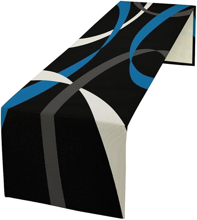 Abstract Geometric Table Runner Blue Grey and White Striped Black Background Modern Kitchen Dinner Runner for Indoor Home Living Room Party Dining Table Decoration 13"x120"