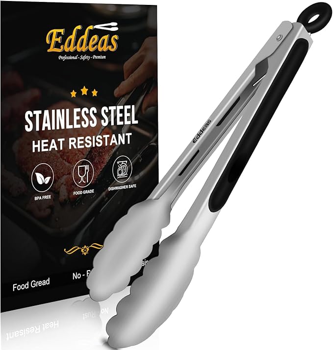 Eddeas Kitchen Tongs - 9 inch Heavy Duty Food Tongs, Ergonomic Grip Superior Stainless Steel and Non-Slip Heat Resistant handle - Perfect for Cooking, Salad, Grilling, Barbecue,Dishwasher safe