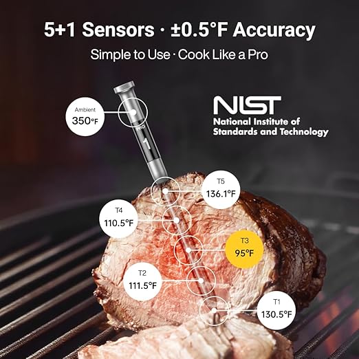 ThermoMaven 3000FT Smart Wireless Meat Thermometer, Sub-1G Long Range, 6 Sensors NIST Certified Accuracy, 2 Thin Probes, Standalone Base with Large LCD for Grill, Smoker, Oven, BBQ