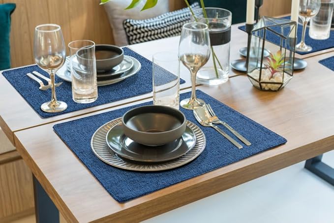 homing Cotton Linen Placemats Set of 6, Cloth Washable Farmhouse Dining Table Mats for Indoors & Outdoors, Easy to Clean, Navy Blue, 13 x 19 Inch