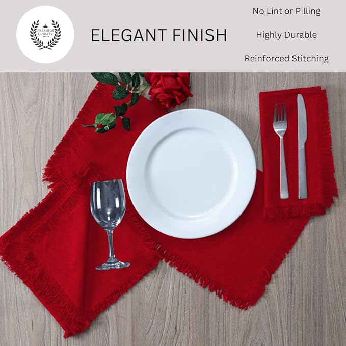 Cloth Dinner Napkins Fringes 20x20 Inch 100% Cotton Set of 6 - for Dining Special Occasions Weddings Restaurants Holidays Easter - Soft Durable Washable - Elegant Table Cloth Napkins Red
