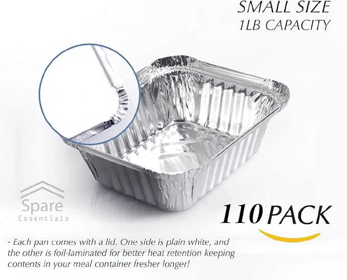 110 Pack - 1LB Small Foil Pans with Lids - Aluminum To Go Food Containers with Lids - 1lb Mini Aluminum Pans - Freezer Safe Foil Take out Trays - Heat proof Meal Prep Containers
