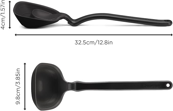 Dreamfarm Fladle Fold-Flat, Space-Saving Serving & Cooking Ladle Measures up to 1/2 Cup with Silicone Scraping Squeegee-Tip - 12" Black