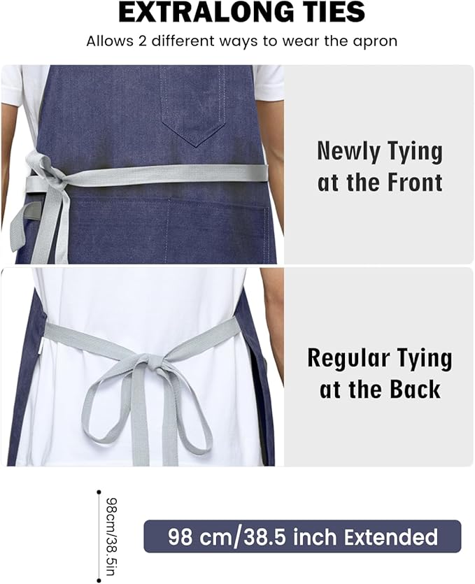 Womens Apron With Pockets Adjustable Shoulder Strap,Apron For Men 38.5" Extra-Long Straps Fit More Body Types,Chef Apron For Kitchen Garden Barbecue Woodworking. (Light Blue)