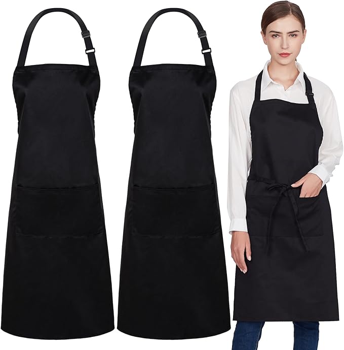 Jubatus 2 Pack 100% Cotton Aprons with 2 Pockets Cooking Chef Kitchen Adjustable Bib Apron for Women Men, Black