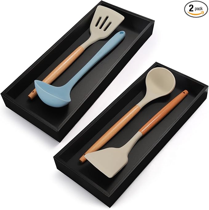 Lixple Bamboo Kitchen Drawer Organizer - Set of 2, Stackable Utensil Organizers, Wooden Storage Box Tray for Cabinet, Pantry, Bathroom Countertop, Multi-use Organization and Storage (Black)