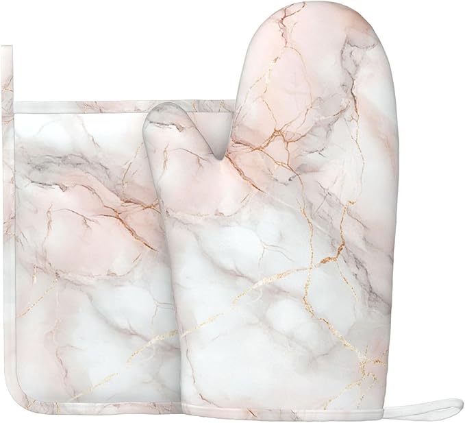 Oven Mitts and Pot Holders Pastel White Pink Marble Silicone Kitchen Accessories Set of 2 Heat Resistant Long Gloves Potholder Non-Slip Grip for Chef Cooking,Baking,Grilling,BBQ