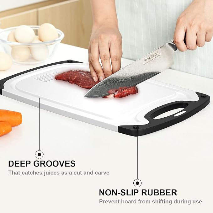 Plastic Cutting Board, 3 Pieces Dishwasher Safe Cutting Boards with Juice Grooves, Easy Grip Handle, Non-Slip, with Grinding Area for Grinding Garlic and Ginger（White）