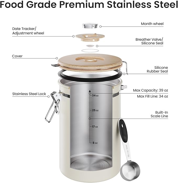 Veken Coffee Canister, 39OZ Large, Airtight Stainless Steel Food Storage Container for 2.2lbs Coffee Beans, Ground, Sugar, Tea, Flour, Cereal, Kitchen Bar Accessories with Date Tracker & Scoop, Cream