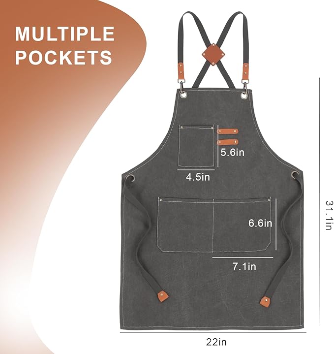 Men's Canvas Tool Apron, Heavy Duty Multi-Pocket Work Apron for Woodworking Gardening Bartender Adjustable Straps