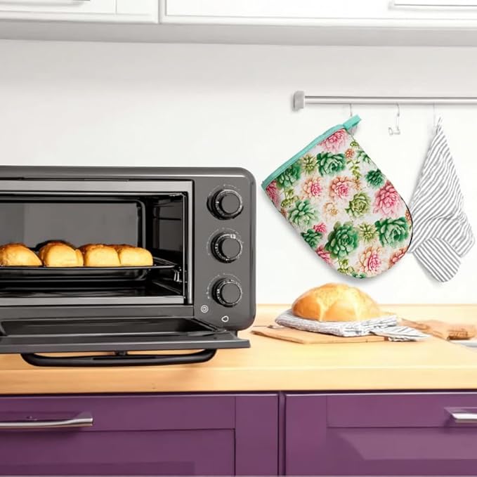 Succulents Oven Mitts, High Heat Resistant Kitchen Oven Gloves, Mini Silicone Oven Mitts, Non-Slip Grip Surfaces and Hanging Loop for Grilling, Baking, Cooking and Microwave, Gift