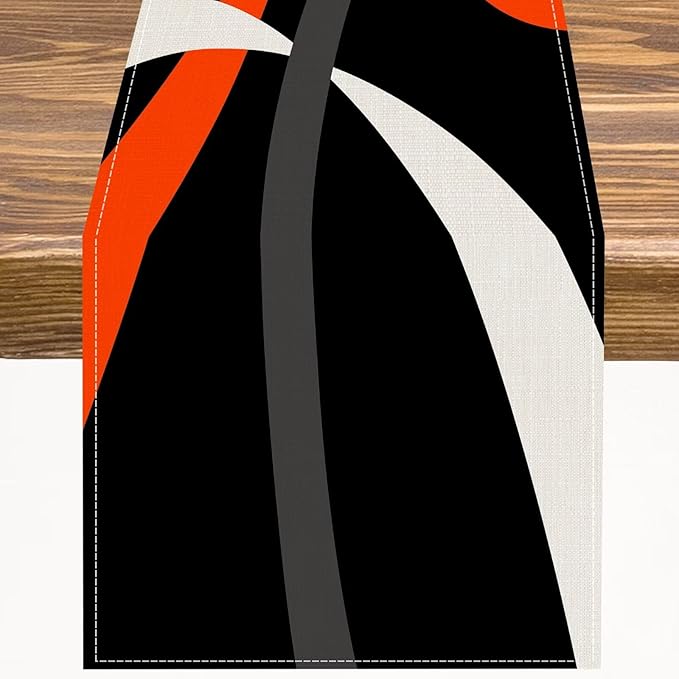 Abstract Orange Geometric Table Runner Grey and White Striped Black Background Modern Kitchen Dinner Runner for Indoor Home Living Room Party Dining Table Decoration 13"x72"