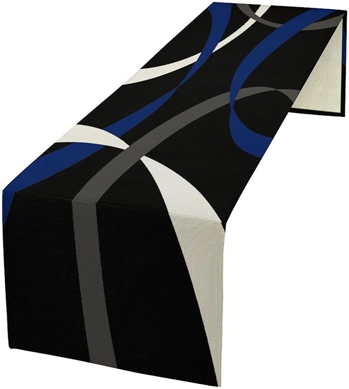 Abstract Geometric Table Runner Navy Blue Grey and White Striped Black Background Modern Kitchen Dinner Runner for Indoor Home Living Room Party Dining Table Decoration 13"x36"