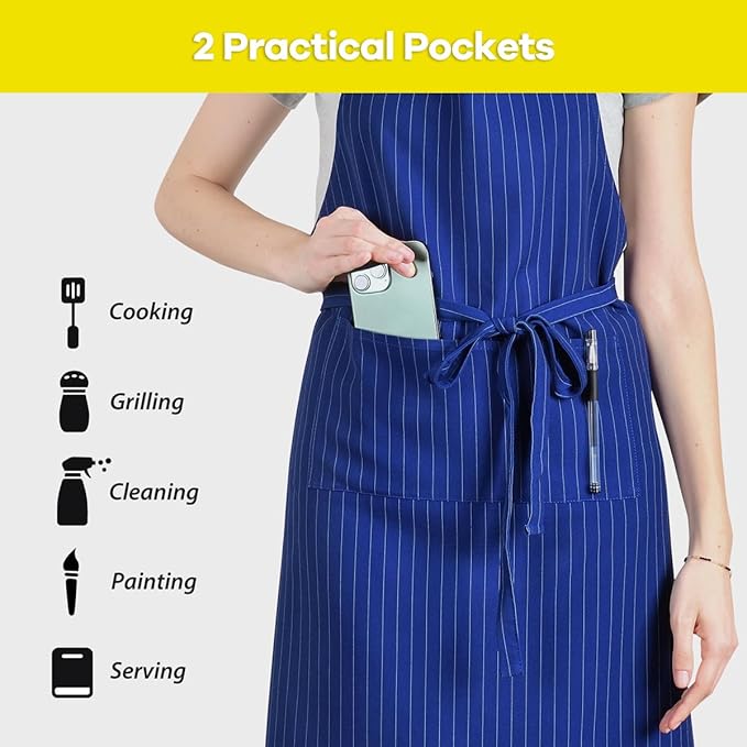 ROTANET Stripe Stretch Apron for Men Women Chef Big and Tall Large Striped Aprons with Pockets for Kitchen Cooking Waterproof