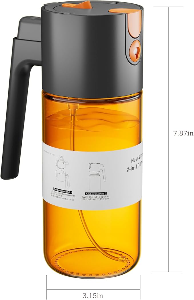 LUKUMIQI 2 in 1 Oil Sprayer for Cooking, 17oz Light-Blocking Glass Spray Bottle with Stickers, Oil Dispenser for Salad, Air Fryer & BBQ